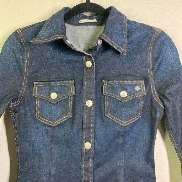 ALEXA CHUNG For AG Adriano Goldschmied Pixie Dress Stretch Denim Snap Front - Picture 7 of 16